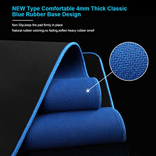 Large Gaming Mouse Pad(35.4x15.7x0.16in), Black Thick Computer Extended Mousepad for Laptop, 35% Larger Smooth Keyboard Mat with Non Slip Blue Rubber Base, Desk Pad with Durable Stitched Edges - color: Exclusive Blue Rubber Base