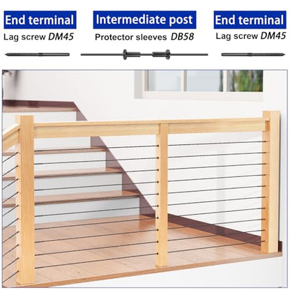 50 Pack Cable Railing Protector Sleeves for 1/8” Deck Railing System, Black Cable Railing Kit Hardware for Wood Post, T316 Stainless Steel Marine Grade DB58