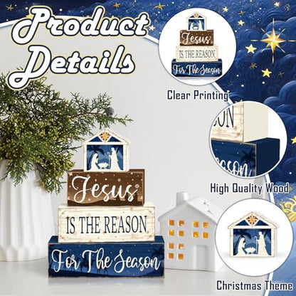 Britimes 4 Pcs Christmas Wooden Tiered Tray Decor Set, Nativity Scene Jesus Table Decor Rustic Farmhouse Holiday Wooden Coffee Table Centerpieces for Home Kitchen Office Decorations - style: Jesus Religious