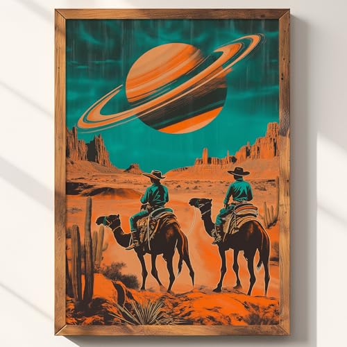 Desert Landscape Canvas Wall Art Outer Space Pictures Western Cowboy Painting Camel Canvas Wall Art Futuristic Surreal Print Vintage Planet Posters Desert Animal Prints For Room 16x24inch No Frame - color: C2Unframed