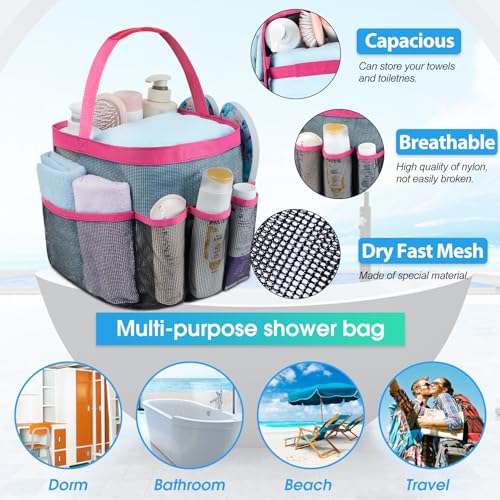 Attmu Mesh Shower Caddy Portable for College Dorm Room Camping Essentials, Shower Caddy Dorm with 9-Pockets, Large Capacity Hanging Basket Bathroom Bag for Toiletry, Swimming, Gym, Camp, Beach - color: Pink