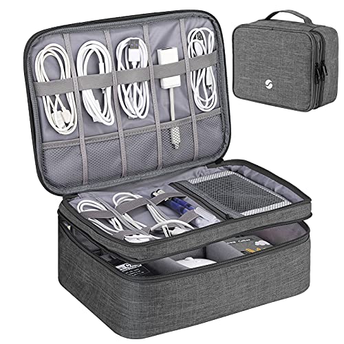 ORIENT FAMULAY Travel Organizer, Waterproof Cable Bag for Electronic Accessories Double Layer Large Shockproof Storage Bag for Cord, Hard Disk, Power Bank, Tablet -Gray - color: Grey