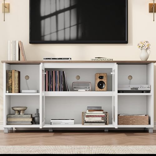 IDEALHOUSE TV Stand for 65" TVs with Fluted Glass Media Console, White | Media Storage Cabinet, Entertainment Center, Fluted Glass Doors, Open Display Shelves, Bedroom & Living Room - color: White