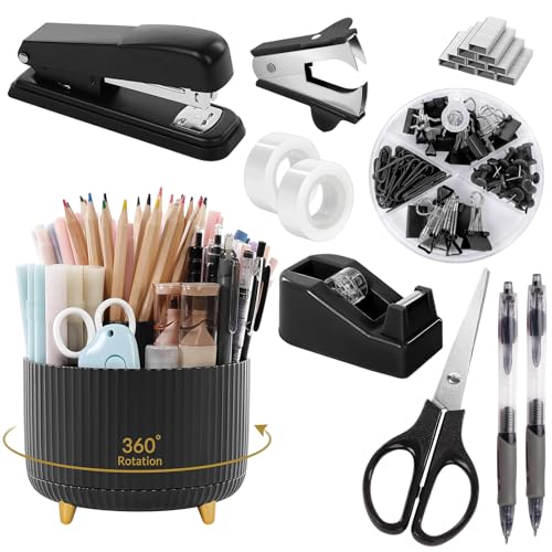 SKYDUE Black Office Supplies, Black Office Desk Accessories 10PCS, Pencil Holder for Desk, Stapler, Tape Dispenser, Scissors, Ruler, Clips and 1000pcs Staples, Desk Supplies Set - color: Black