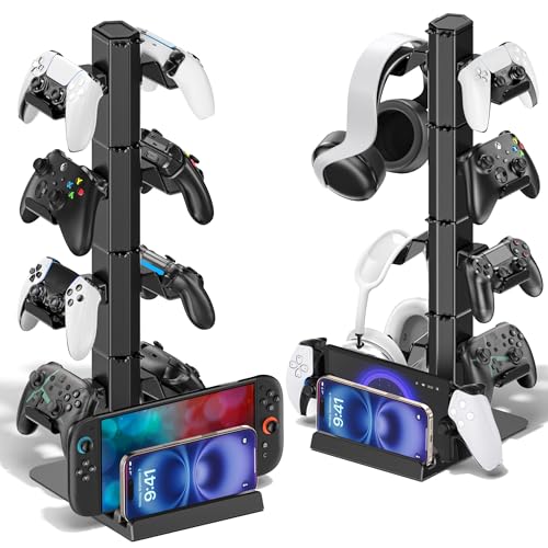 Headphone and Game Controller Desk Stand for PS5/ Xbox/ PS4 Controller, 4 Tiers Headset Hanger with Organizer for Switch 2/1/PS Portal Game Console, Multiple Controller Storage Dispay Rack- 8 Hooks