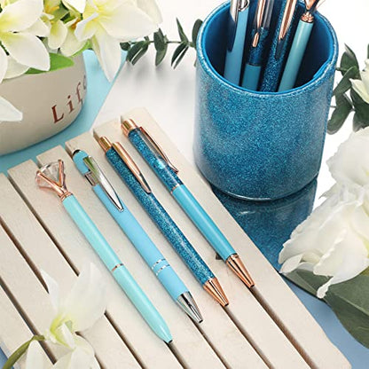 Sabary 8 Pcs Blue Pens with Pen Holder for Desk Glitter Crystal Diamond Cute Ballpoint Fancy Pencil Holder Bling Desk Organizer for Women Girls School Office Supplies Wedding Graduation Gifts - color: Blue