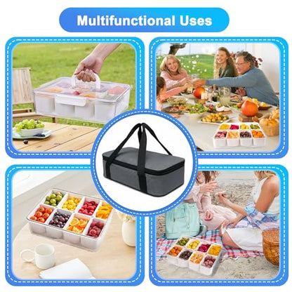 Portable Snackle Box Container with Ice Pack,Snack Container Divided Serving Tray Insulated Bag, Cooling Travel Snacklebox with Lid & Handle,8 Compartment Chilled Serving Tray for Beach,Outdoor,Picnic - color: White