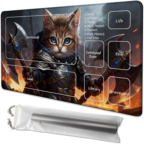 for MTG Playmat 24 x 14 Inches Samurai Cat Magic Play Mat Card Game Mat for Magic The Gathering TCG PTCG Playmat with Free Storage Bags Non-Slip Backing and Stitched Edge - color: Samurai Cat With Zones
