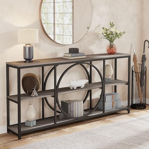 Tribesigns 70.9 inch Sofa Console Table, Extra Long Narrow Entryway Tables with 3 Tier Wood Storage Shelves Metal Frame for Foyer Hallway Living Room Behind Couch, Black Rustic Gray - color: Black Grey