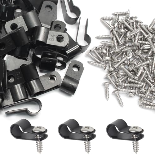 50 Pcs 1/3 Inch Black Nylon Screw Mounting R-type Cable Clip Wire Clamp, 8.4mm Cable Clip Wire Clamp for Wire Management, Stainless Steel Screws Included - color: 50 Pcs Black, size: 1/3