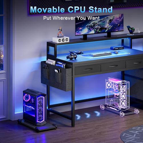 REAHOME 61 Inch Gaming Desk with Charging Station and LED Lights, Reversible Computer Desk with Storage Drawer and Monitor Stand, Modern Desk Table with File Cabinet & Side Pocket, Carbon Fiber Black - color: Carbon Fiber Black