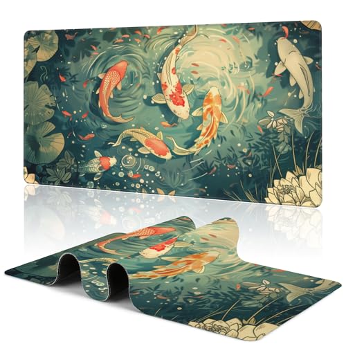 Koi Lotus Pond Desk Mat Large Mouse Pad Gaming Mousepad 31.5 x 15.8 in | Desk Pad for Keyboard and Mouse, Large Non-Slip Rubber Base Mousepad Desk Mat with Stitched Edges for Gaming Office - color: Japanese Koi