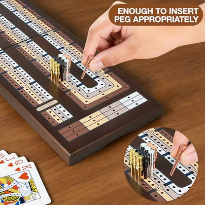 VAMSLOVE Upgraded Wooden 4-Track Cribbage Board Game 16 inches Foldable Magnetic Scoreboard with Large Slot for Storing 1 Playing Card and 12 Metal Pegs, Travel Family Game Night Instruction Included