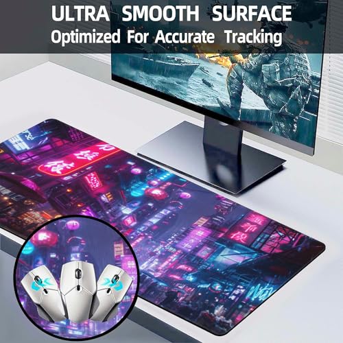 Desk Mat,Cyberpunk Neon City Large Gaming Mouse Pad for Desk XL,Futuristic Night Street Desk Pad,Extended Big Computer Keyboard Mouse Pad with Non-Slip Base and Stitched Edge 31.5"x11.8" - color: Cyberpunk Neon City, size: XL-31.5"x11.8"