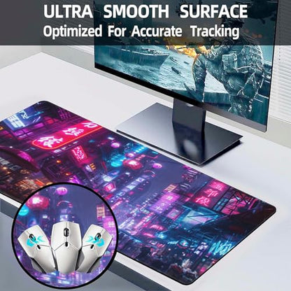 Desk Mat,Cyberpunk Neon City Large Gaming Mouse Pad for Desk XL,Futuristic Night Street Desk Pad,Extended Big Computer Keyboard Mouse Pad with Non-Slip Base and Stitched Edge 31.5"x11.8" - color: Cyberpunk Neon City, size: XL-31.5"x11.8"