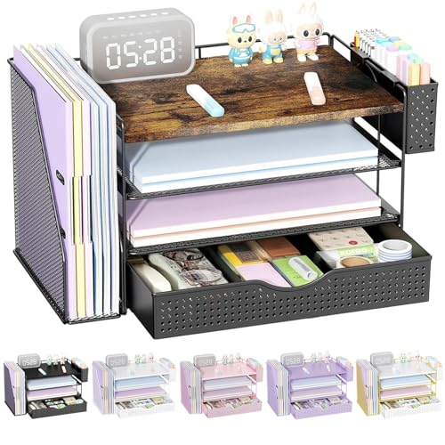 gianotter Wood Desk Organizers and Accessories with File Sorters, 4-Tier Desk Accessories & Workspace Organizers with Drawer and Pen Holder, Desk Reference Organizer (Wood, 4T with Drawer) - color: Wood, size: 4T with Drawer