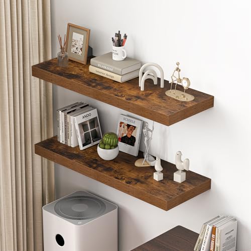 Dreamland 40" Floating Shelves for Wall, 12" Deep Thicker Floating Shelves, Wall-Mounted Shelves for Bedroom, Living Room, Kitchen, Bathroom,Rustic Brown - Set of 2 - color: Rustic Brown, size: 40"W x 12"D x 2"H, Set of 2