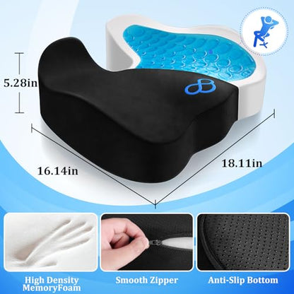 CushyOasis Seat Cushion, Gel Chair Cushions, Office Chair Cushions, Anti-Slip Bottom & Removable Cover Tailbone Pain Relief Cushion, Memory Foam Seat Cushion, 5.28 in Thick (Black) - color: Black, size: X-Large