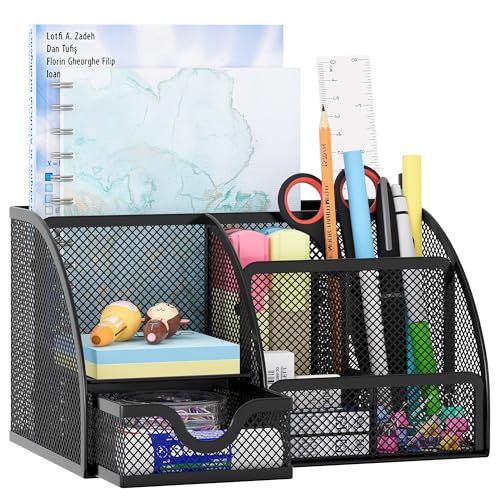 EasyPAG Mesh Desk Organizer with Drawer Multi-functional Pen Holder Stationery Organizer for Office School Supplies 6 Compartments Dorm Organizers and Storage for Desk, Black - color: Black