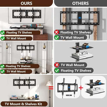 3-in-1 TV Wall Mount & Floating Shelves Kit, Fits 37–75" TVs, Wall-Mount TV Bracket with 2 Wooden Shelves, Max VESA 600×400 mm, for Living Room, Game Room, Bedroom