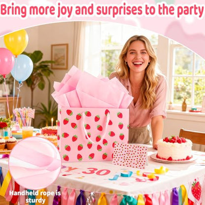 LERCTH Pink Strawberry Themed Gift Bag Set (12.99"x10.24"x4.92") – Tissue Paper, Greeting Card Included | Reusable Tote for Parties, Birthdays & Gifting (Girls, Women, Bridal) - color: Pink Strawberry Gift bag, size: 1 count (Pack of 1)