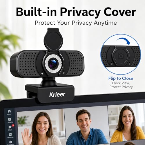 1080P HD Webcam with Dual Mics, Privacy Cover for Video Calls, Zoom | Rotatable Tripod, Auto Light Correction, Noise Canceling, USB Plug & Play, for PC, Streaming, Gaming, Online Meetings