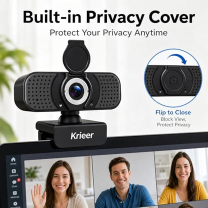 1080P HD Webcam with Dual Mics, Privacy Cover for Video Calls, Zoom | Rotatable Tripod, Auto Light Correction, Noise Canceling, USB Plug & Play, for PC, Streaming, Gaming, Online Meetings