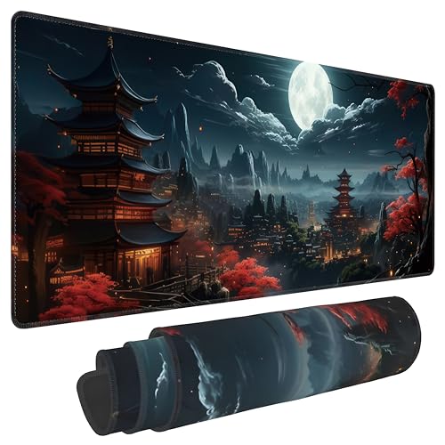 Japanese Full Moon Large Mouse Pad,Gaming Keyboard Desk Pad,Extended Mouse Mat Non-Slip Rubber Base with Stitched Edges for Office Game Home XL 31.5"x11.8" - color: Japanese Moon, size: 31.5L x 11.8W inches