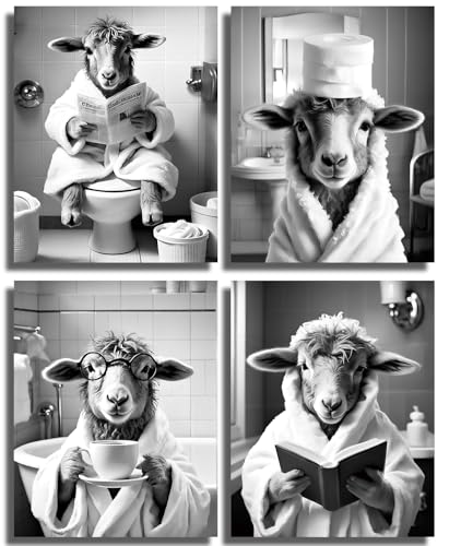 Funny Christian Animal Wall Art Bathroom Decor,Black and White Lamb Bathroom Canvas Posters for Restroom Farmhouse Decor Set of 4 (8x10 inches,Unframed) - color: 8x10inch（unframed）funny Christian Animal Wall Art Bathroom Decor