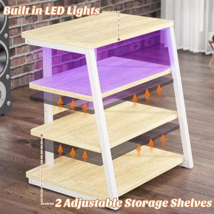Besiost AV Media Stand with Outlets, Media Console with LED Lights, Stereo Racks and Stands with Storage Shelves, Media Audio Tower Cabinet, Natural Oak and White - color: Natural Oak and White