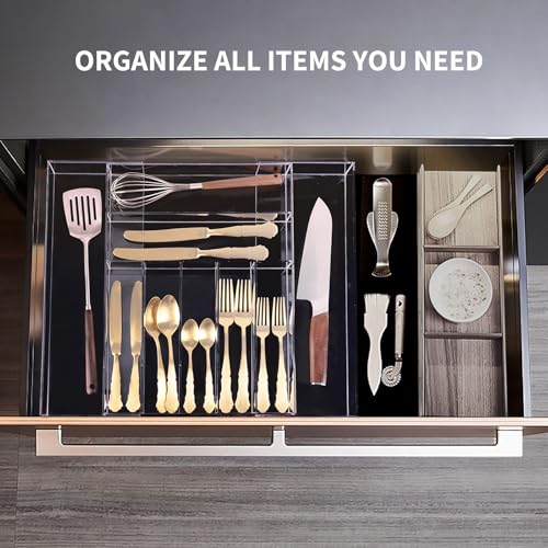 Clear Acrylic Drawer Organizer for Kitchen Utensils and Flatware, Adjustable Silverware Tray with 9 Compartments for Drawers, Office, and Bathroom Storage