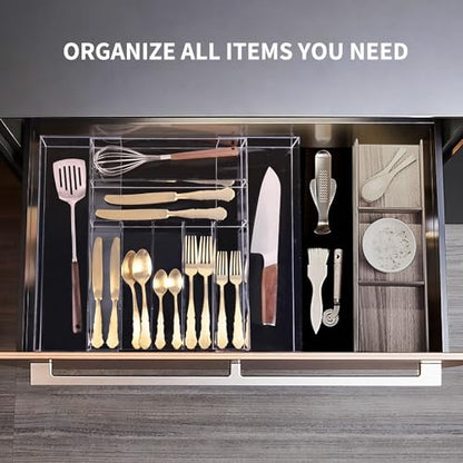 Clear Acrylic Drawer Organizer for Kitchen Utensils and Flatware, Adjustable Silverware Tray with 9 Compartments for Drawers, Office, and Bathroom Storage