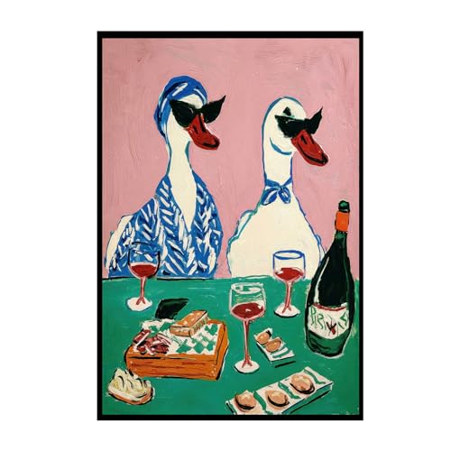 ZHXICHEN Fun Dining Room or Kitchen Decor Quirky Animal Poster Retro Wall Art with Ducks and Wine Colorful Dining Scene Painting Print for Kitchen, Bar, or Living Room Home Decor 16x24 Inch Unframed - color: white-3, size: 24"L x 16"W