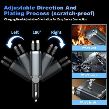 Retractable Car Charger, 4 in 1 Car Charger USB C Fast Charge, Cigarette Lighter USB Charger, Travel Essentials Car Accessories Gifts for Men Women for iPhone 17 16 15 14 13 12 Pro Max, Samsung