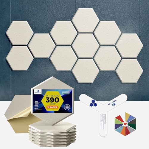 Self-Adhesive Acoustic Panels [390 lbs/yd³ Ultra-High Density], 2nd Generation Sound Absorbing Panel, Professional Level Sound Panel, Polyester Soundproof Foam [Medium Hexagon, Beige] - color: Beige, size: Medium Hexagon (12''x10''x0.4'')