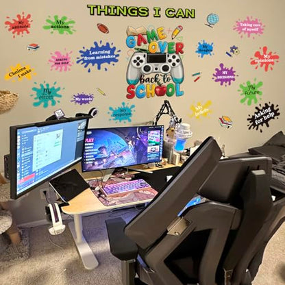 Back to School Wall Art, Game Over Motivational Poster Gamer Wall Sticker Gaming Controller Joystick Wall Decals Removable Video Games Wall Stickers Game Boy Wall Art for Bedroom Playroom Decoration