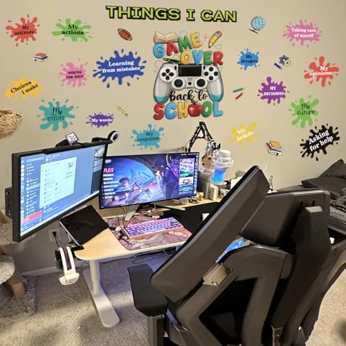 Back to School Wall Art, Game Over Motivational Poster Gamer Wall Sticker Gaming Controller Joystick Wall Decals Removable Video Games Wall Stickers Game Boy Wall Art for Bedroom Playroom Decoration