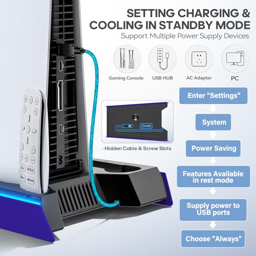 Rysker P-5/Slim/Pro Stand and Cooling Station with LED Controller Charging Station, P-5 Controller Charger, P-5/Slim/Pro Accessories Kit with 3 Level Cooling Fan for PlayStation 5 Case - color: Galactic Purple