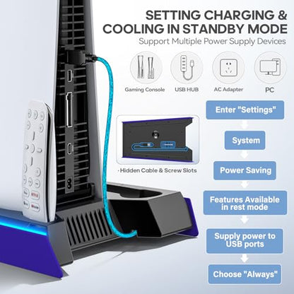 Rysker P-5/Slim/Pro Stand and Cooling Station with LED Controller Charging Station, P-5 Controller Charger, P-5/Slim/Pro Accessories Kit with 3 Level Cooling Fan for PlayStation 5 Case - color: Galactic Purple