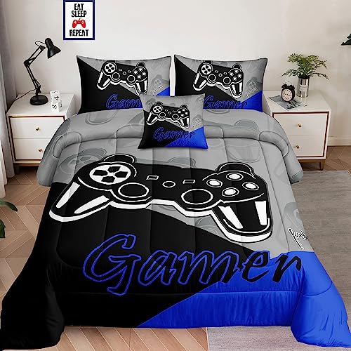 6 Pieces Bed in a Bag for Gaming Bedding Set,Boys Gamer Comforter Set with Flat Sheet,Fitted Sheet,Pillowcases,Cushion Cover,Game Console Pattern Bed Set for Kids Boys Room Decor - color: A37 Blue, size: Full