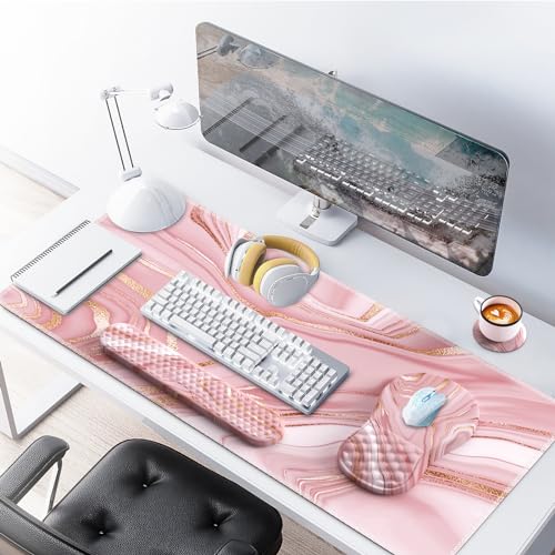 Light Pink Desk Mat Set with Mouse Pad and Memory Foam Wrist Rest, Soft Mat for Mouse and Keyboard, Large Office Desk Mat with Wrist Support, Smooth Surface, Non-Slip Base, 35.4 x 15.7 in - color: Marble Rose Gold Pink Fluid