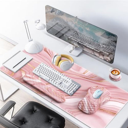 Light Pink Desk Mat Set with Mouse Pad and Memory Foam Wrist Rest, Soft Mat for Mouse and Keyboard, Large Office Desk Mat with Wrist Support, Smooth Surface, Non-Slip Base, 35.4 x 15.7 in - color: Marble Rose Gold Pink Fluid