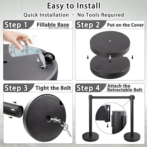 Crowd Control Stanchions w/Retractable Belt Sign Topper 4 Pack | 6.6ft / 2m Retractable Belt Barriers with Durable Refillable Enlarged Base for Crowd Control & Queue Management - size: 4 PCS