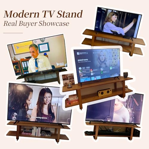 Tiita TV Stand with Storage for TVs up to 65'', Bamboo TV Console Entertainment Center with 2 Open Shelf, Mid Century Modern Media Console for Living Room, Bedroom, Walnut - color: Walnut