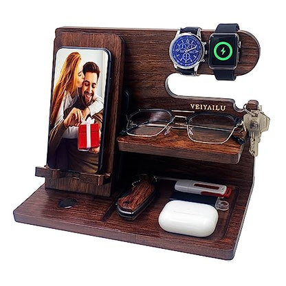 VEIYAILU Gifts for Men Women Brother Boss Boyfriend Him Nightstand Organizer Gifts for Dad from Daughter Son Wood Phone Docking Station (Dark Brown) - color: dark brown