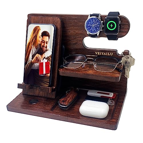VEIYAILU Gifts for Men Women Brother Boss Boyfriend Him Nightstand Organizer Gifts for Dad from Daughter Son Wood Phone Docking Station (Dark Brown) - color: dark brown