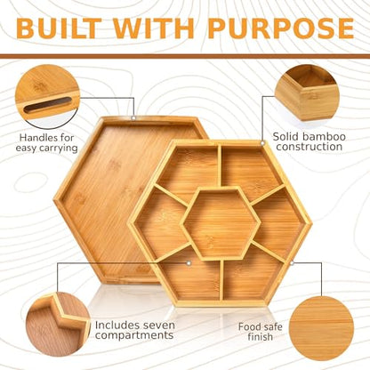 Snack and Serving Tray Set – 13" Divided Bamboo Appetizer Platter for Dry Fruit, Nuts, Cheese and Charcuterie (Bamboo, 13"x11")