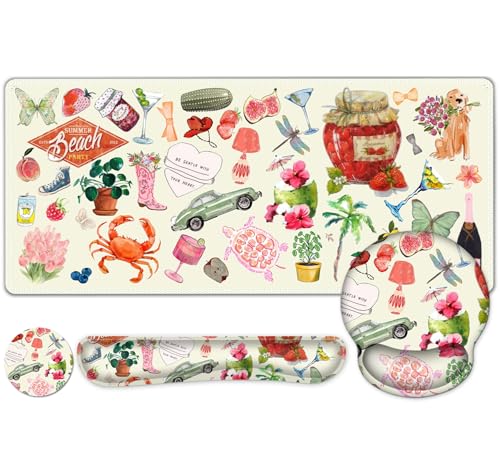Mouse Pad, 4 in1 Large Desk Mat, Desk Pad Matt for Desktop, Anti-Slip XXL Big Computer Ergonomic Mousepad with Wrist Support for Keyboard and Mouse for Women I Watercolor Stickers - color: Watercolor Stickers