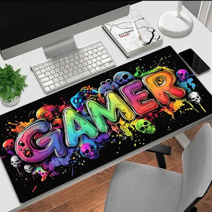 Gamer Blacklight Mouse Pad – UV Reactive Neon Gaming Desk Mat with Skull Design, Waterproof Extended Large Mousepad with Non-Slip Rubber Base for Computer Keyboard – 31.5" x 11.8" - color: Gamer B