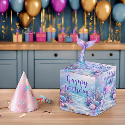 Mermaid Birthday Money Box for Cash Pull, Happy Birthday Boxes Gifts for Money Pull Out Card, 50Pcs Transparent Bags - color: Blue